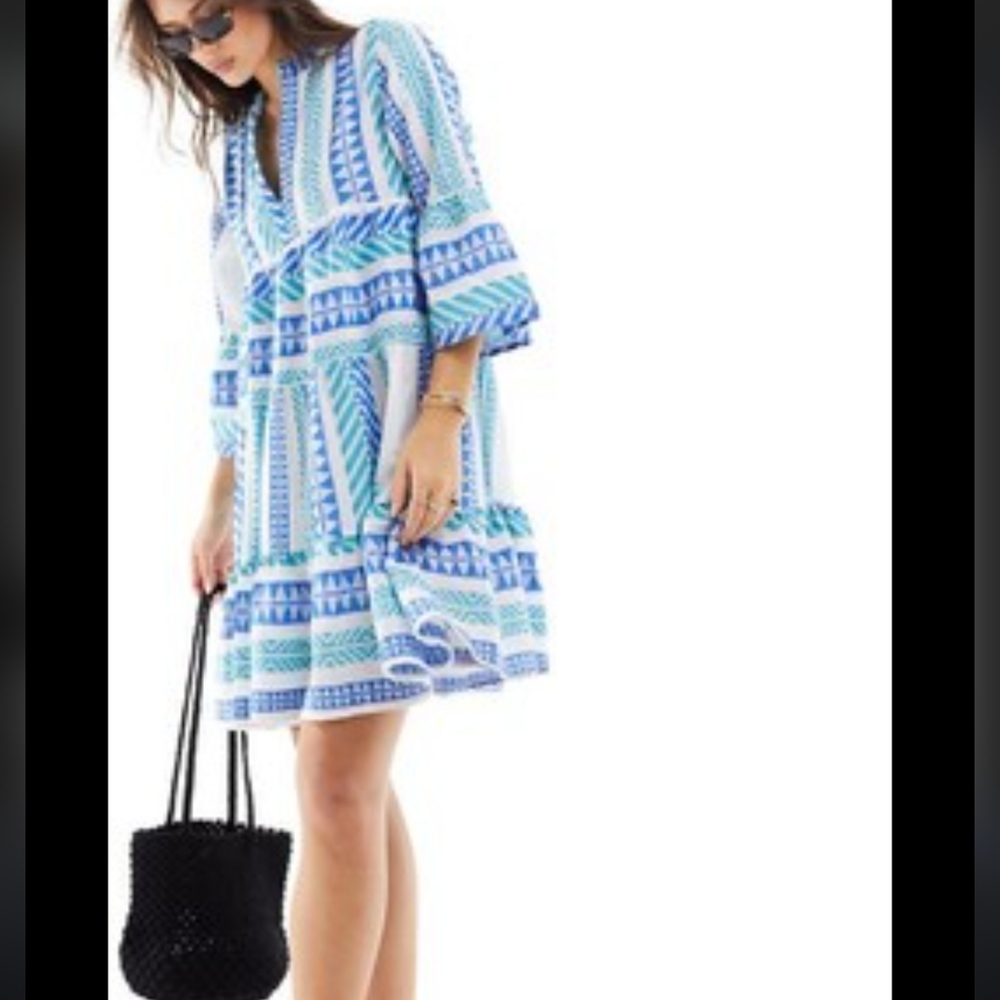BOHO Hippie GOA by Japna dress‎ Beach Loungewear Linen Blend Geometric Print NWT